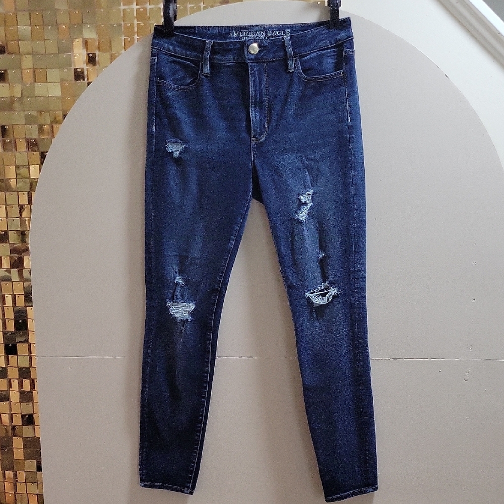 American Eagle Outfitters Dark Blue Distressed 10 Skinny Jeans